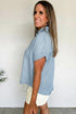 Striped Denim Cuffed Short Sleeve Loose Button Up Shirt