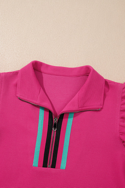 Striped Detail Flutter Sleeve Zipped Collar Short Set