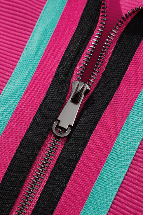 Striped Detail Flutter Sleeve Zipped Collar Short Set