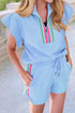 Striped Detail Flutter Sleeve Zipped Collar Short Set