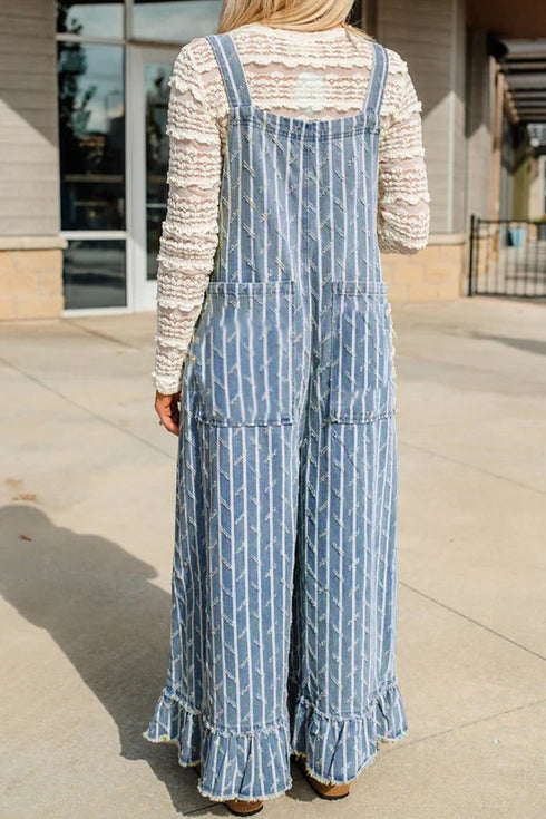 Striped Distressed Ruffled Wide Leg Denim Jumpsuit