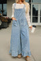 Striped Distressed Ruffled Wide Leg Denim Jumpsuit