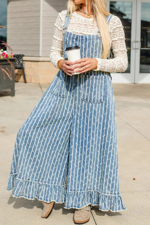 Striped Distressed Ruffled Wide Leg Denim Jumpsuit
