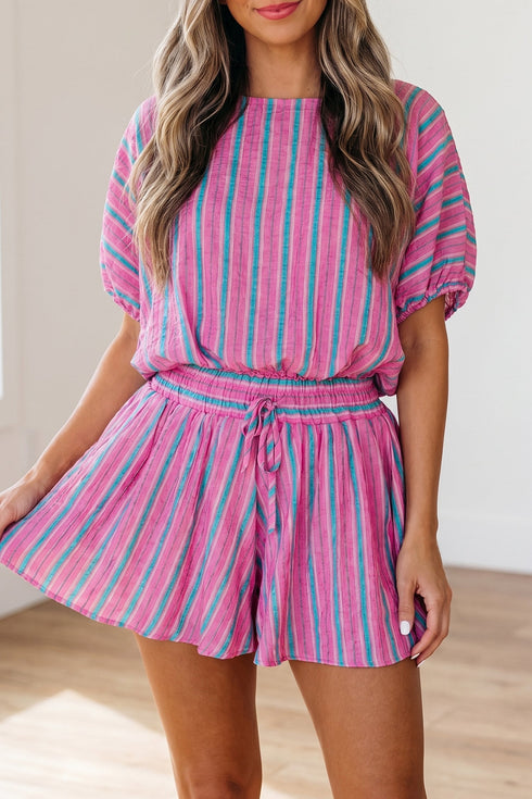 Striped Dolman Sleeve Drawstring Elastic Waist Loose Short Set