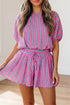 Striped Dolman Sleeve Drawstring Elastic Waist Loose Short Set