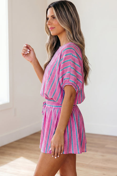 Striped Dolman Sleeve Drawstring Elastic Waist Loose Short Set