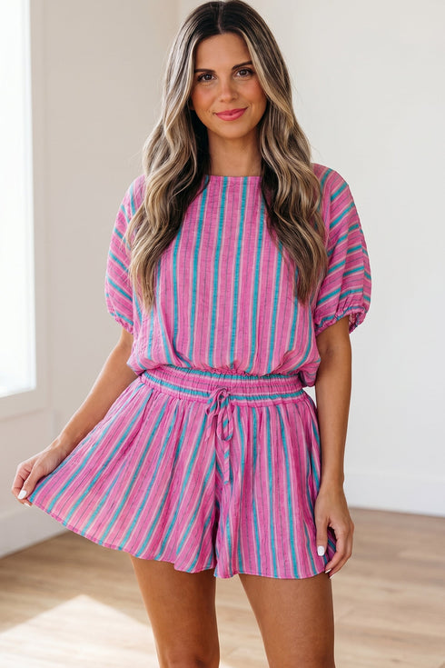 Striped Dolman Sleeve Drawstring Elastic Waist Loose Short Set