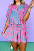 Striped Dolman Sleeve Drawstring Elastic Waist Loose Short Set
