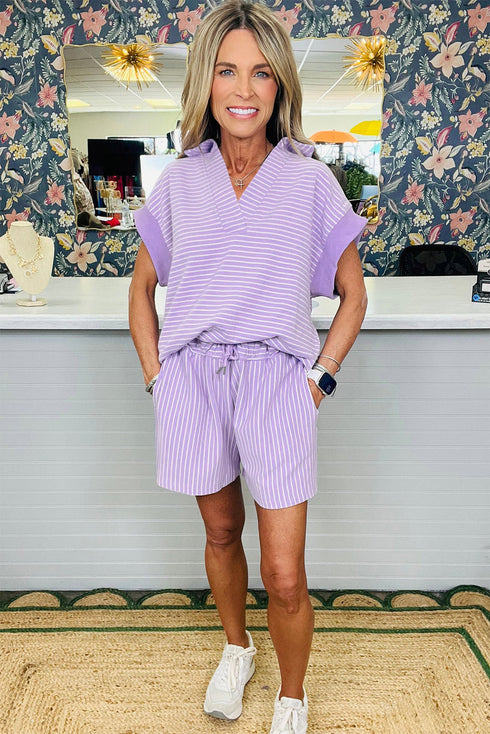 Striped Dolman Sleeve Polo Shirt And Drawstring Short Set
