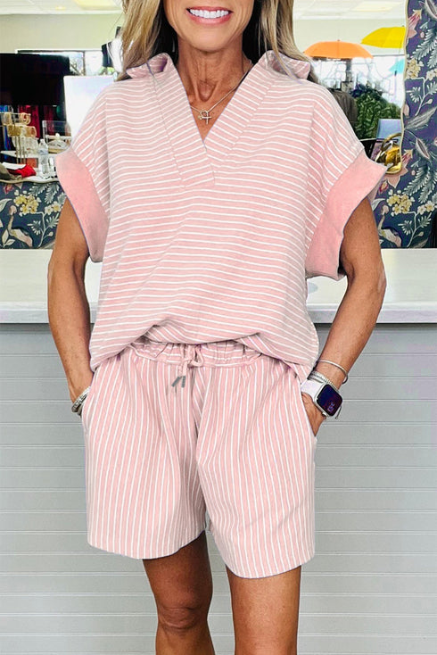 Striped Dolman Sleeve Polo Shirt And Drawstring Short Set