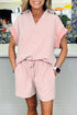 Striped Dolman Sleeve Polo Shirt And Drawstring Short Set