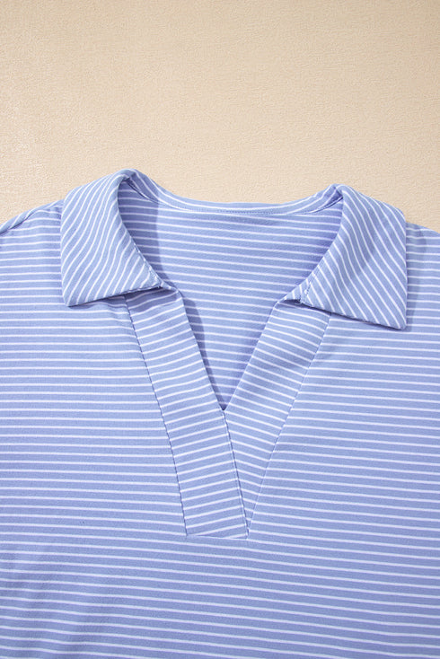 Striped Dolman Sleeve Polo Shirt And Drawstring Short Set