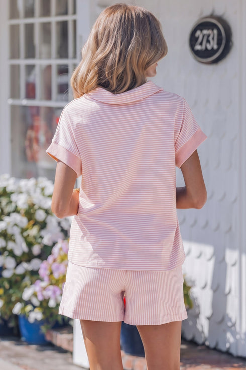Striped Dolman Sleeve Polo Shirt And Drawstring Short Set