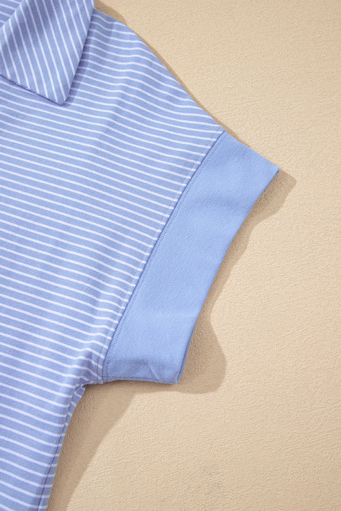 Striped Dolman Sleeve Polo Shirt And Drawstring Short Set