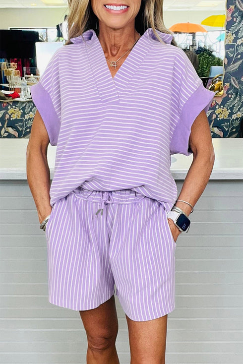 Striped Dolman Sleeve Polo Shirt And Drawstring Short Set