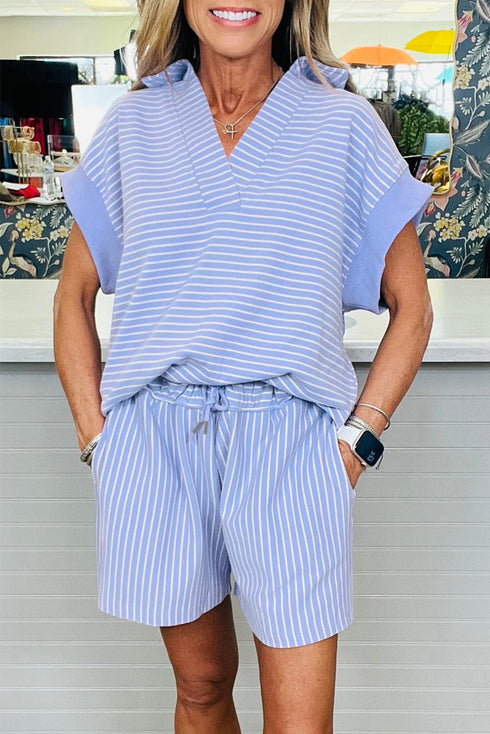 Striped Dolman Sleeve Polo Shirt And Drawstring Short Set