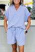 Striped Dolman Sleeve Polo Shirt And Drawstring Short Set