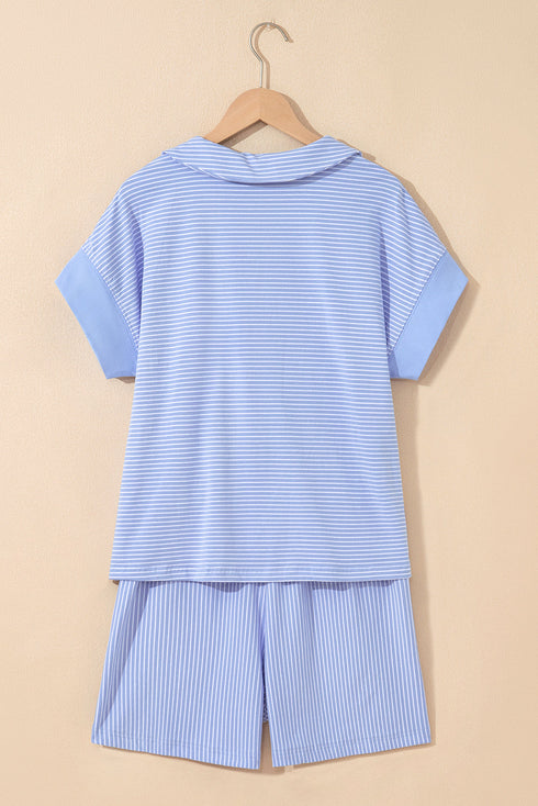 Striped Dolman Sleeve Polo Shirt And Drawstring Short Set