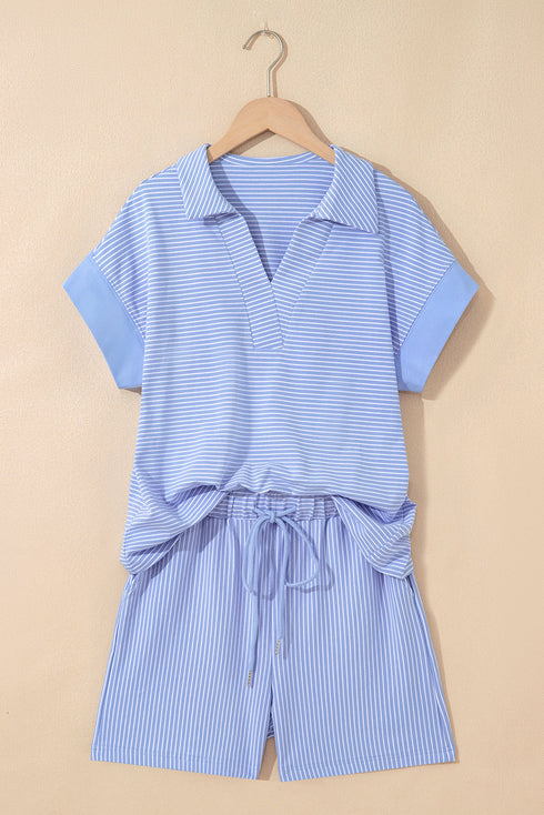 Striped Dolman Sleeve Polo Shirt And Drawstring Short Set