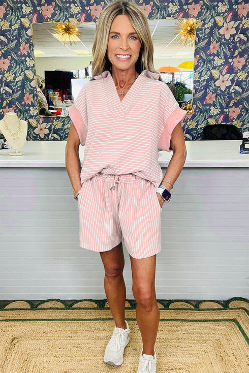 Striped Dolman Sleeve Polo Shirt And Drawstring Short Set