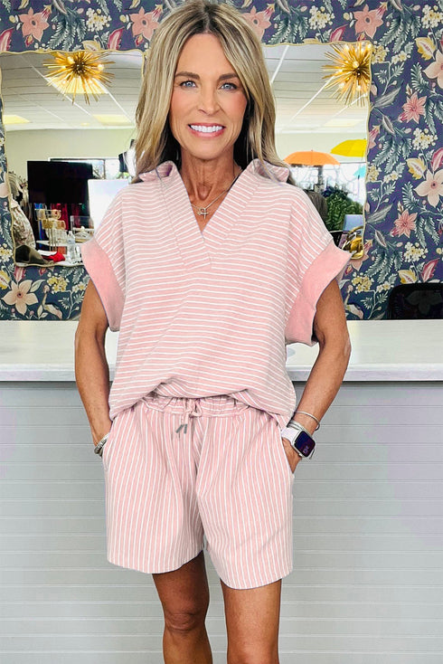 Striped Dolman Sleeve Polo Shirt And Drawstring Short Set