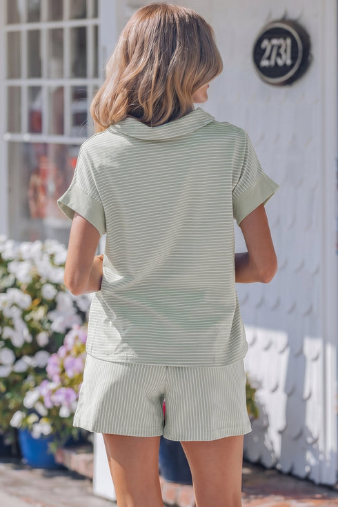 Striped Dolman Sleeve Polo Shirt And Drawstring Short Set
