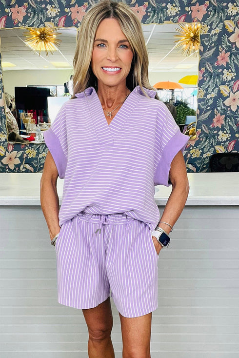 Striped Dolman Sleeve Polo Shirt And Drawstring Short Set