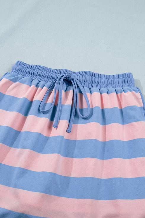 Striped Dolman Tee And Drawstring Skort Athletic Short Set