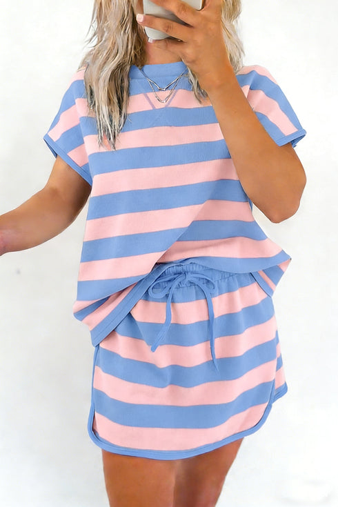 Striped Dolman Tee And Drawstring Skort Athletic Short Set