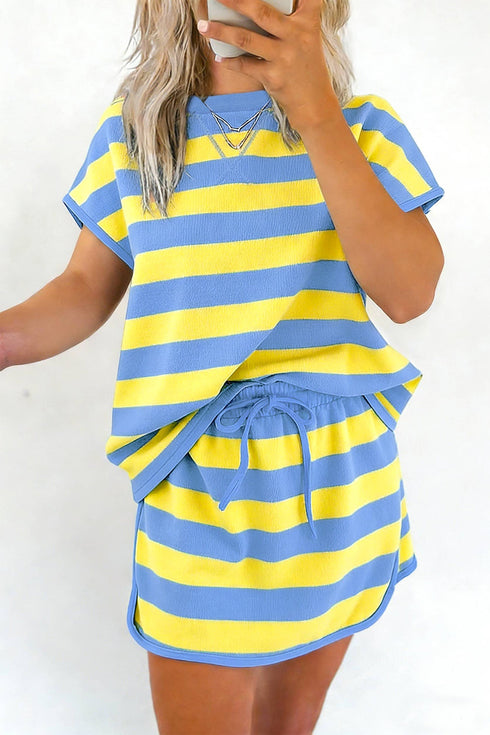Striped Dolman Tee And Drawstring Skort Athletic Short Set