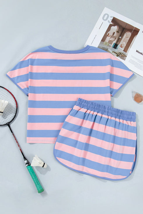 Striped Dolman Tee And Drawstring Skort Athletic Short Set