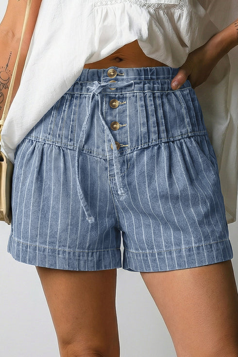 Striped Drawstring Button Pleated High Waist Denim Shorts