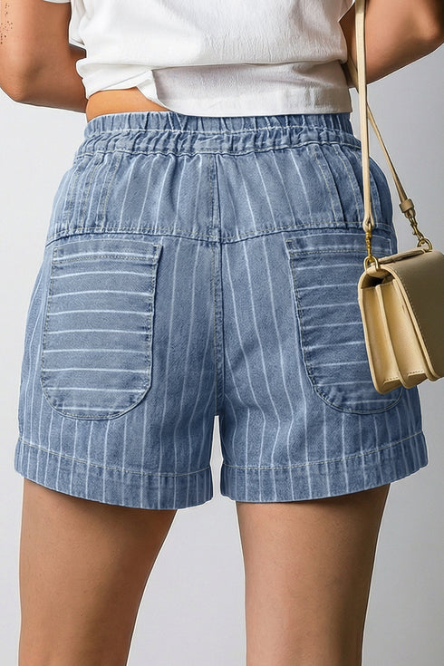 Striped Drawstring Button Pleated High Waist Denim Shorts