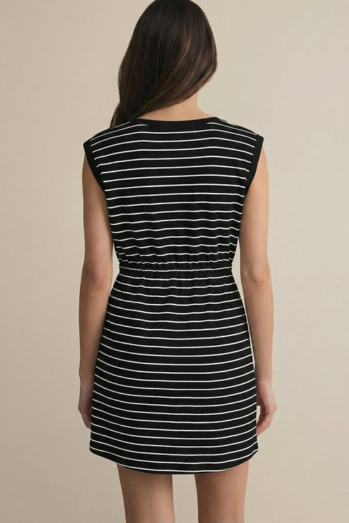 Striped Drawstring Pocket Tunic Tank Bodycon Mini Dress