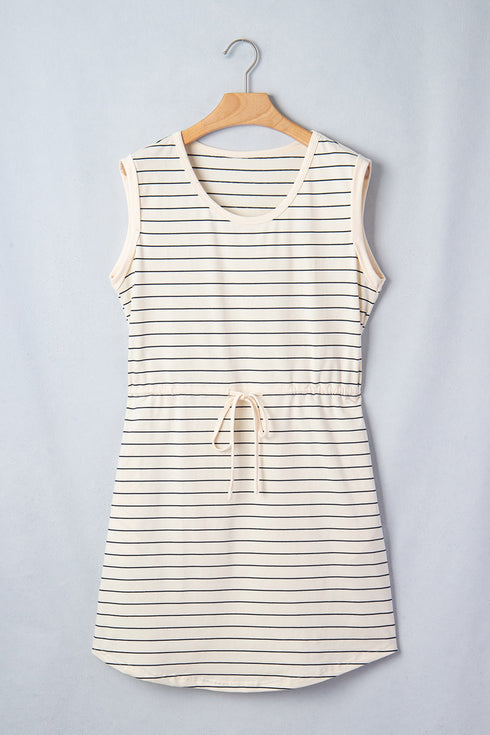 Striped Drawstring Pocket Tunic Tank Bodycon Mini Dress
