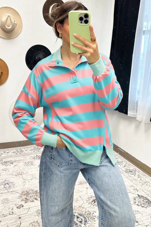 Striped Drop Shoulder Buttoned Collar Side Slit Pullover Top
