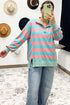 Striped Drop Shoulder Buttoned Collar Side Slit Pullover Top