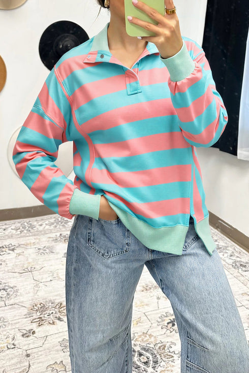 Striped Drop Shoulder Buttoned Collar Side Slit Pullover Top