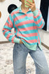Striped Drop Shoulder Buttoned Collar Side Slit Pullover Top