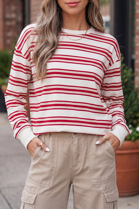 Striped Drop Shoulder Casual Pullover Long Sleeve Top