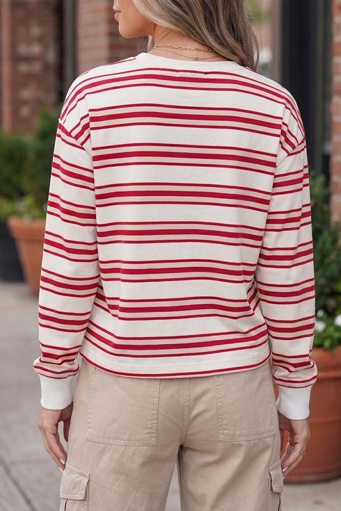 Striped Drop Shoulder Casual Pullover Long Sleeve Top