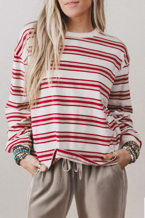 Striped Drop Shoulder Casual Pullover Long Sleeve Top