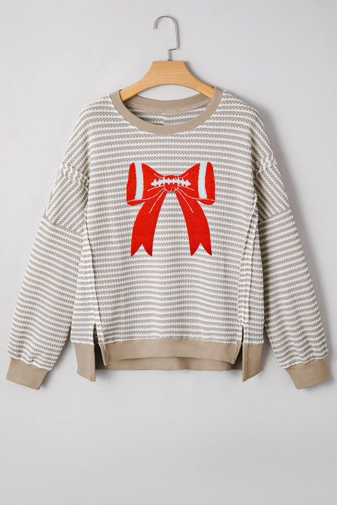 Striped Drop Shoulder Chenille Bow Patch Shirt