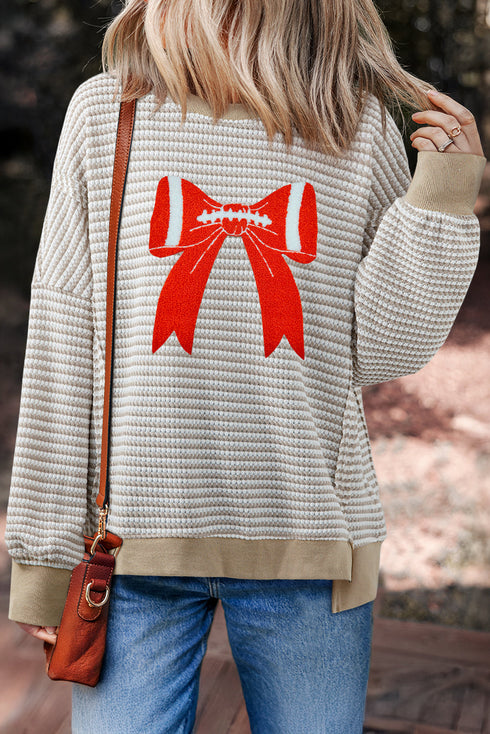 Striped Drop Shoulder Chenille Bow Patch Shirt