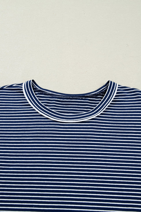 Striped Drop Shoulder Cotton Blend Tee And Shorts Lounge Set