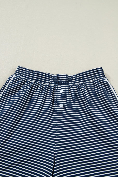 Striped Drop Shoulder Cotton Blend Tee And Shorts Lounge Set