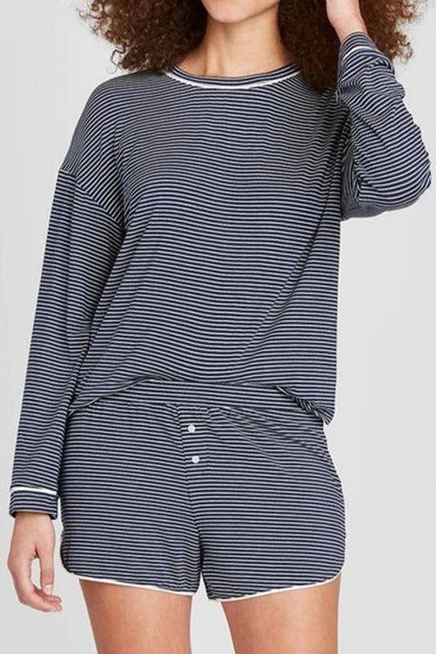 Striped Drop Shoulder Cotton Blend Tee And Shorts Lounge Set