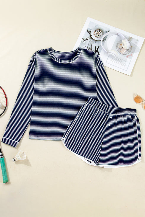 Striped Drop Shoulder Cotton Blend Tee And Shorts Lounge Set