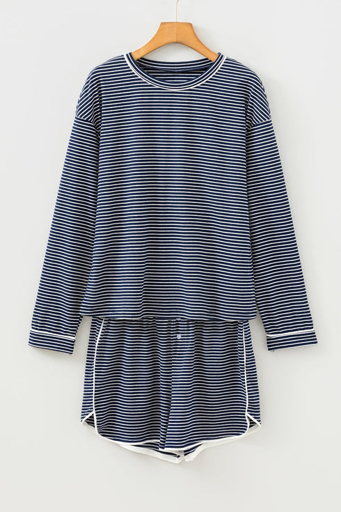 Striped Drop Shoulder Cotton Blend Tee And Shorts Lounge Set