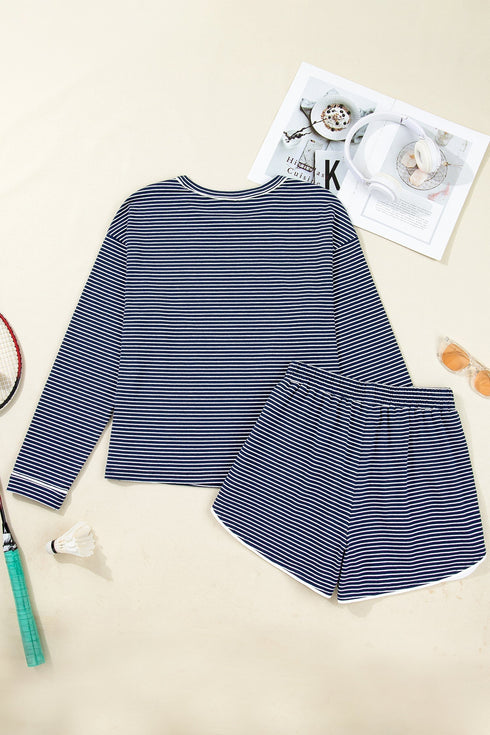 Striped Drop Shoulder Cotton Blend Tee And Shorts Lounge Set